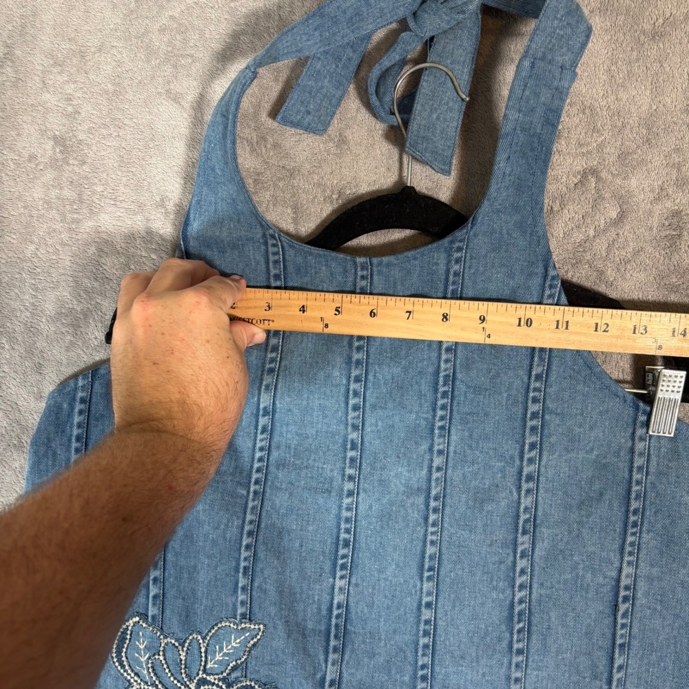 Maeve Anthropologie Blue Denim Halter Dress Floral Embroidered Smocked XL Boho - Picture 14 of 16